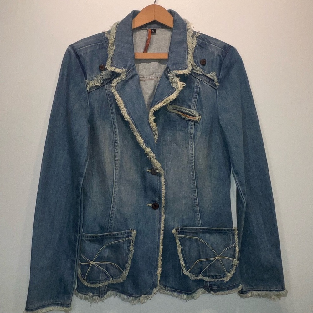 Blujeanious Women's Denim Jean Blazer Jacket Sz Small Made In USA Frayed Edges